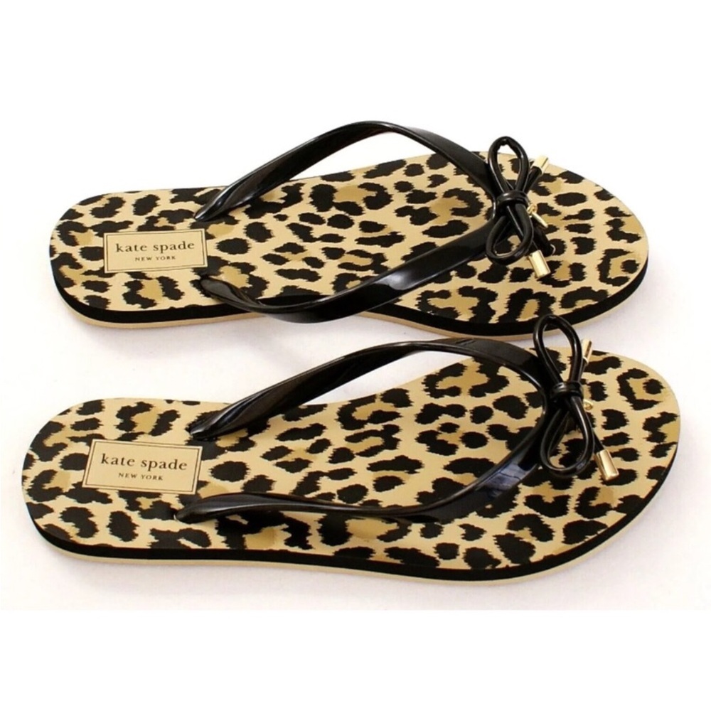 Kate Spade Flatbush Leopard Print Rubber Flip Flops Bow Detail Size 9